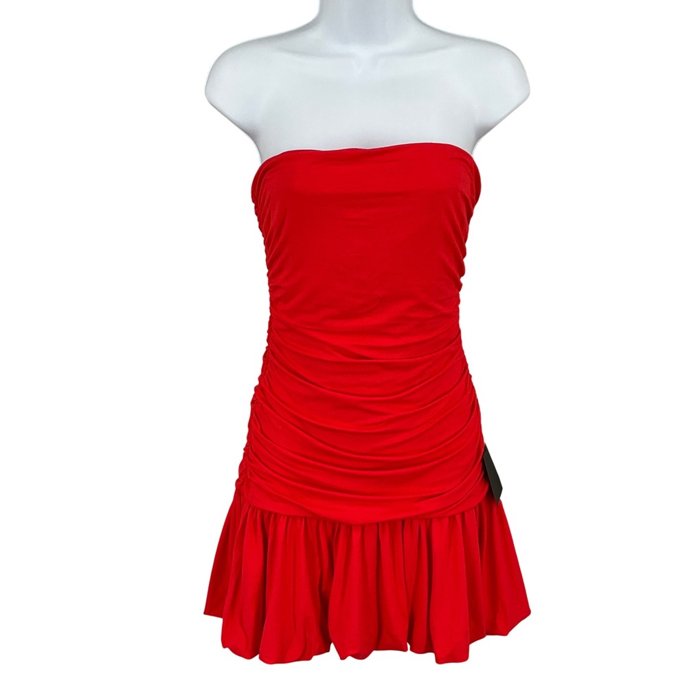 Lulus Mini Dress Womens S Red Ruched Strapless Ruffle Hem Bodycon NEW